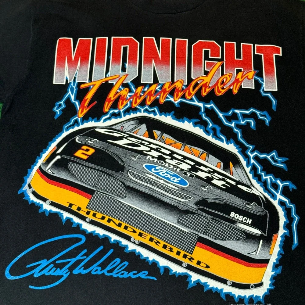 Vintage Rusty Wallace 90s Midnight Thunder Lightning Print Racing XL T Shirt - Picture 2 of 6